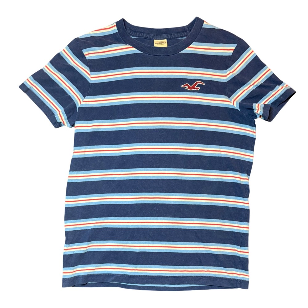 Hollister California Striped T-Shirt Mens Large Navy Blue Embroidered Logo